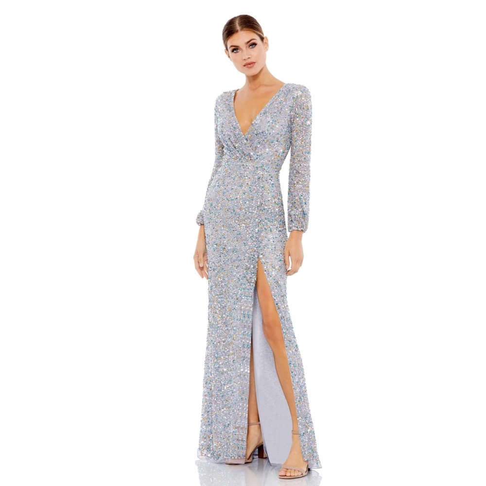 Mac Duggal 5213 Silver Multi-Colored Sequin Long Sleeve Gown Size 8 New
